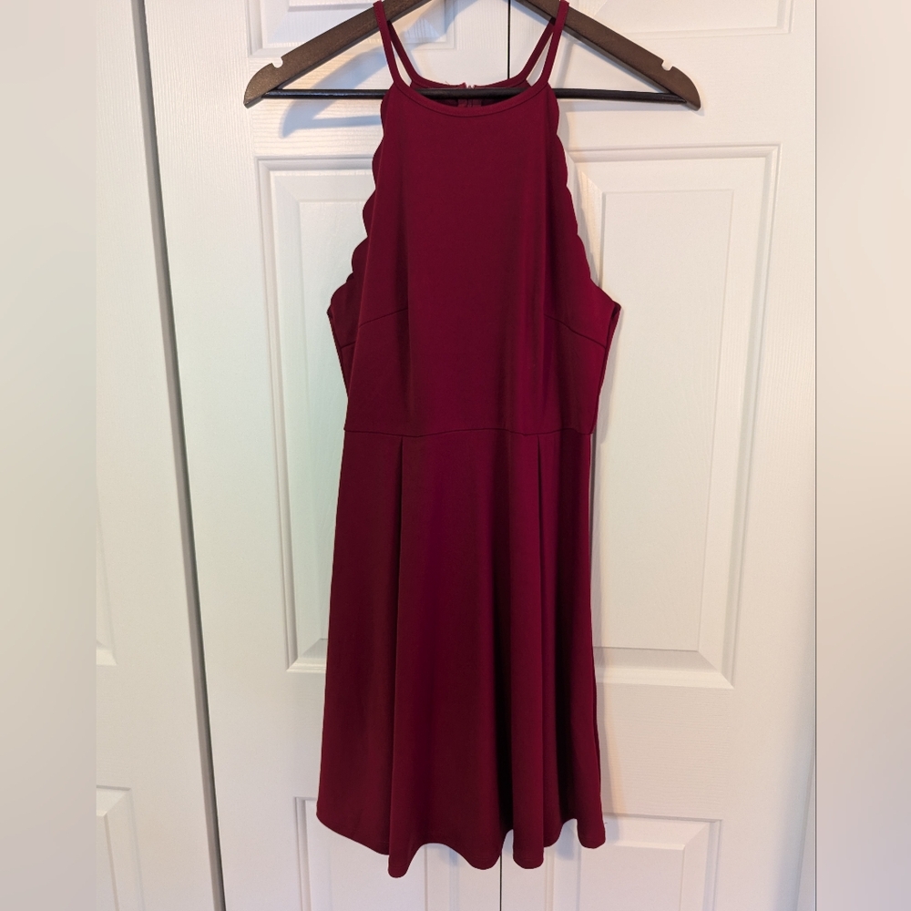 Large red scalloped skater dress